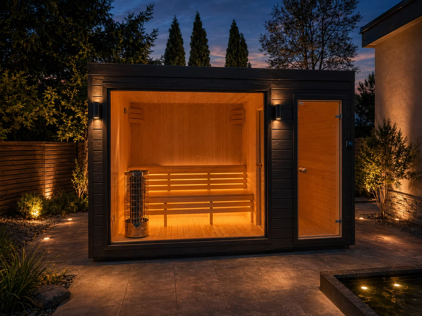 Sauna ogrodowa zewnętrzna z przedsionkiem
