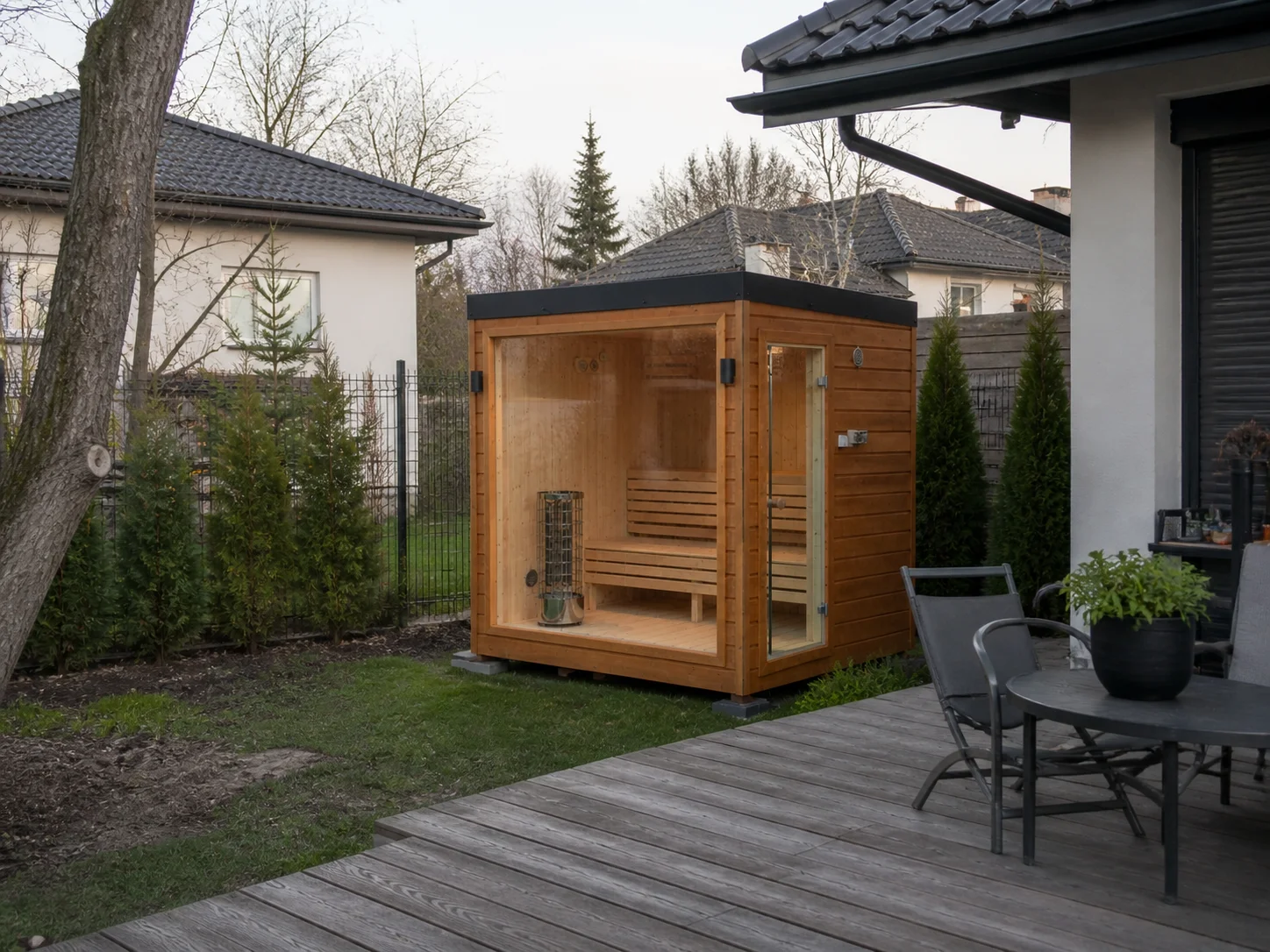 Realizacja sauna ogrodowa kolor piniowy